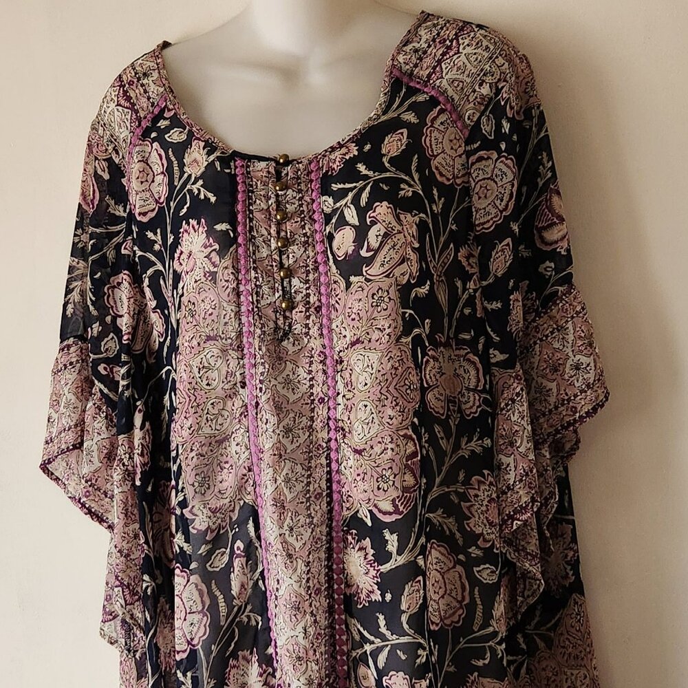 Style & Co. sheer tunic top sz PXL navy pink paisley GUC